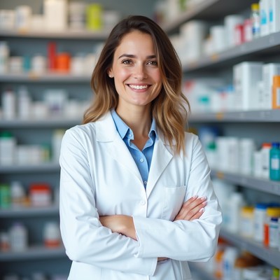 Smiling pharmacist in drugstore