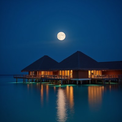 Bright moon above water bungalow at night