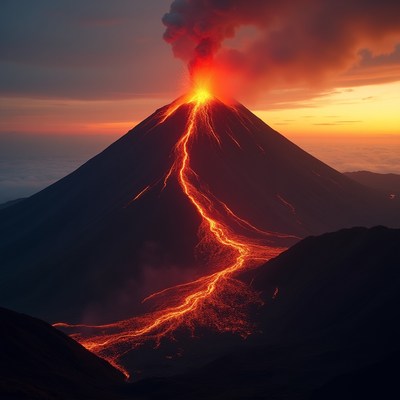Volcano erupts with flowing lava at dusk