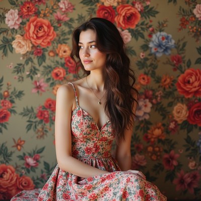 Woman poses near floral wall
