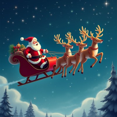 Santa claus flies in sleigh