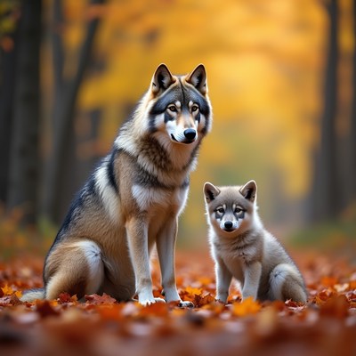 Wolves in autumn forest setting
