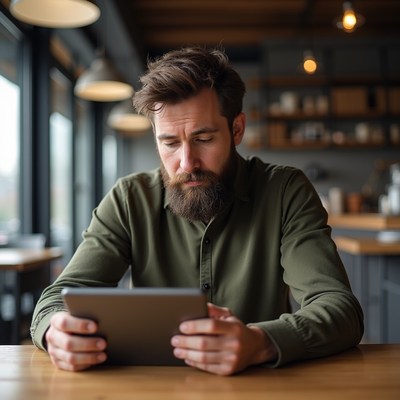 Man using tablet in cafe