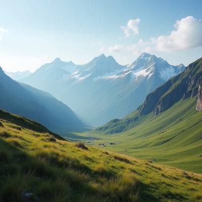 Mountain valley with snow peaks in sunlight