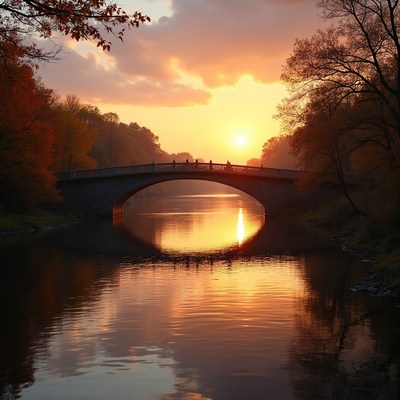Sunset over a tranquil river bridge