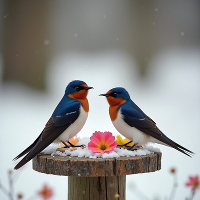 Two birds with a flower in winter