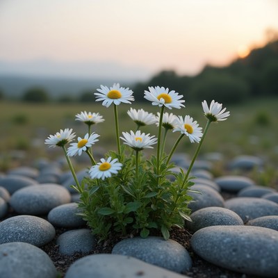 Daisies growing among stones