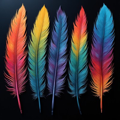 Colorful feathers arranged in a line