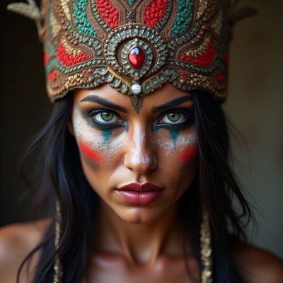 Woman wearing ornate headdress and face paint