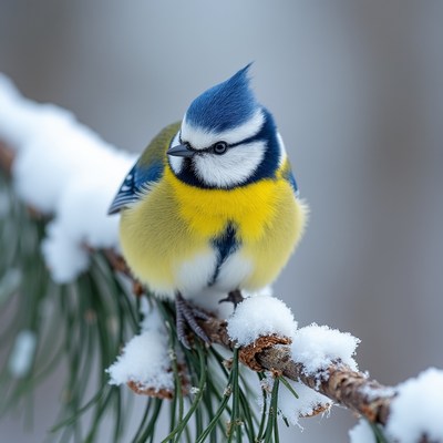 Bird perched on snowy branch