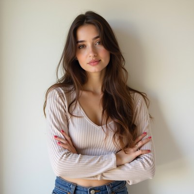 Young woman poses with arms crossed indoors