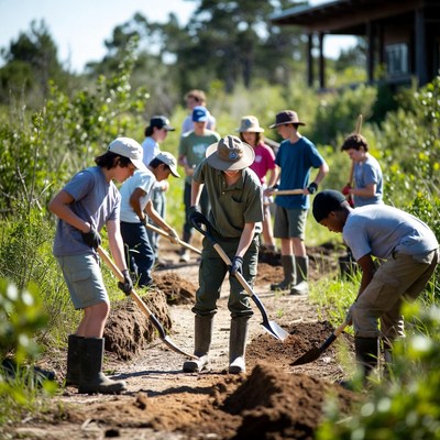 Volunteers work on a community garden project