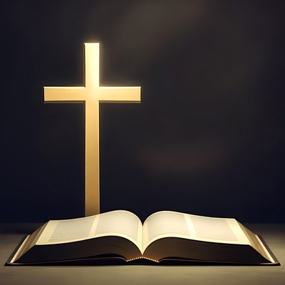 Open book with cross behind it