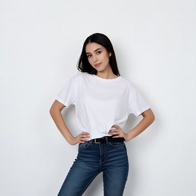 Young woman poses against white background