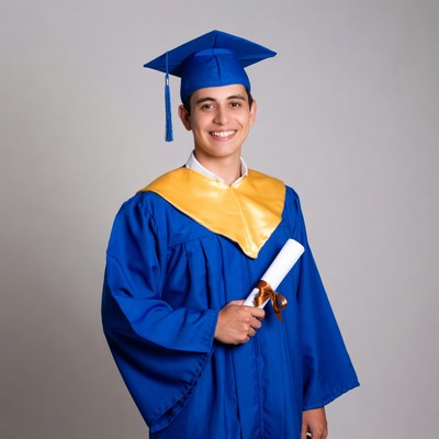 Graduation ceremony in blue cap and gown