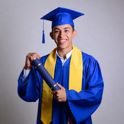 Graduate holding diploma in blue gown