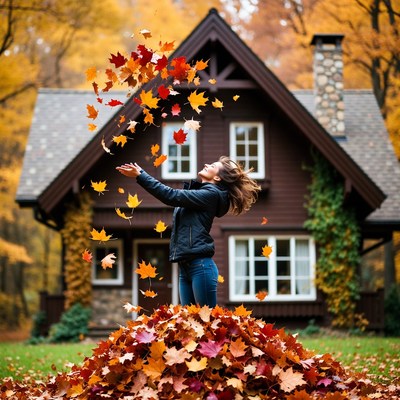 Woman playing in autumn leaves