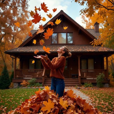 Woman playing with autumn leaves