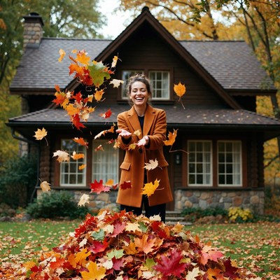 Woman playing with autumn leaves
