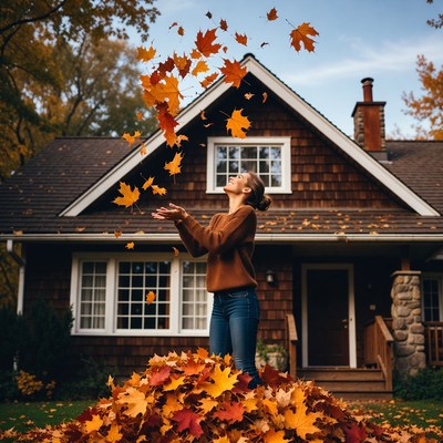 Woman throws autumn leaves in backyard