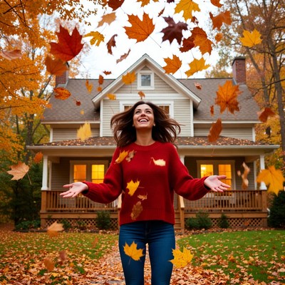 Woman enjoying autumn leaves outside house