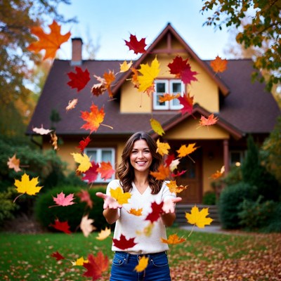 Woman playing with autumn leaves outdoors