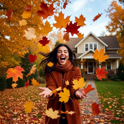 Woman playing with autumn leaves