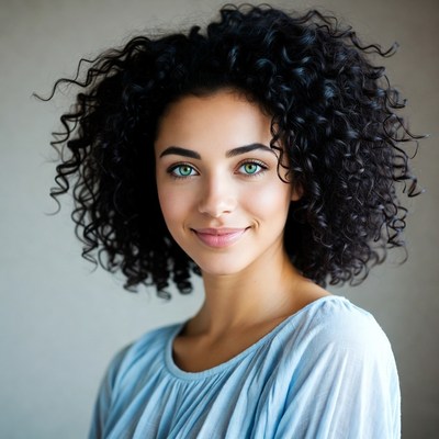 Smiling woman with curly hair indoors