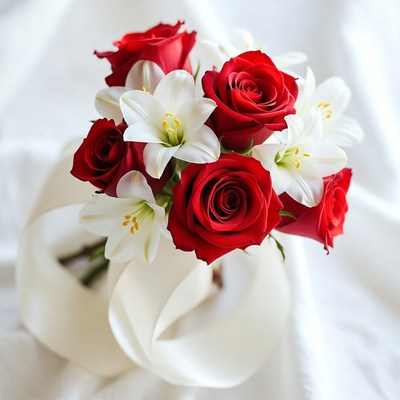 Red roses and white lilies bouquet