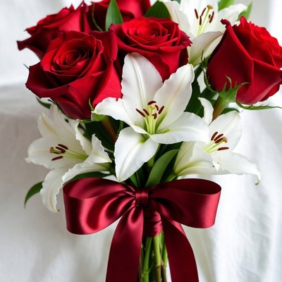 Red roses and white lilies in a bouquet