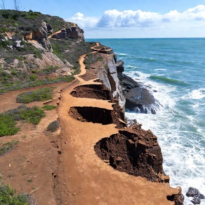 Eroded cliffside path near ocean