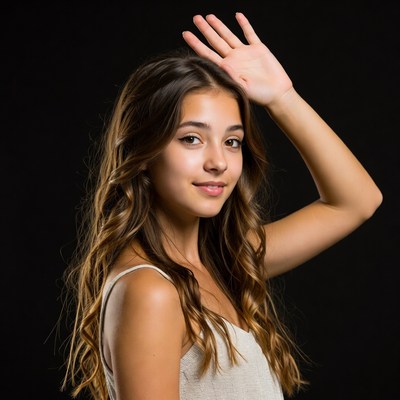 Young girl waving in studio setting