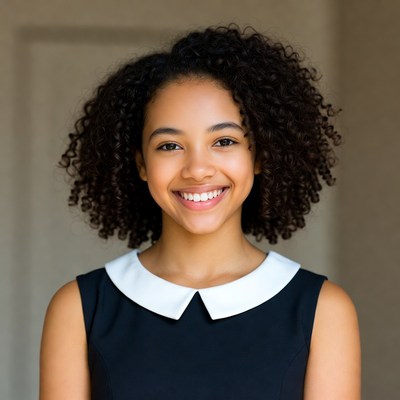 Girl smiling indoors with curly hair