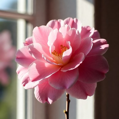 Pink flower in sunlight by window