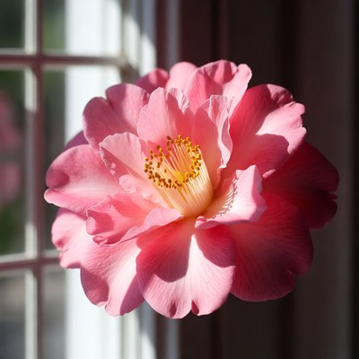 Pink flower near window in sunlight