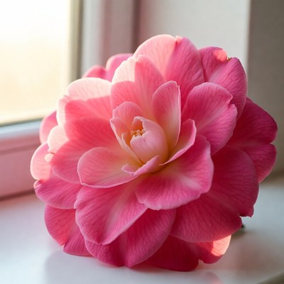 Bright pink flower on a windowsill