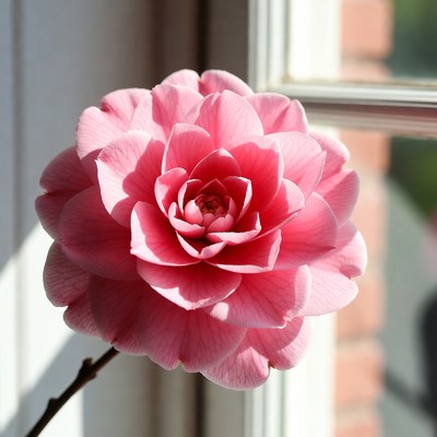 Pink flower near window in sunlight