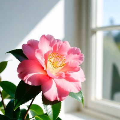 Pink flower by window in light