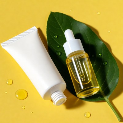 Skincare products on yellow surface