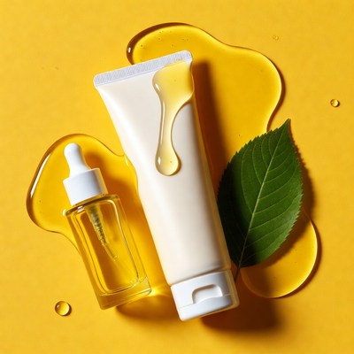 Natural skincare products on yellow background