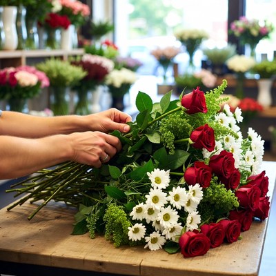 Arranging flowers in a shop
