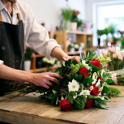 Florist prepares bouquet in shop