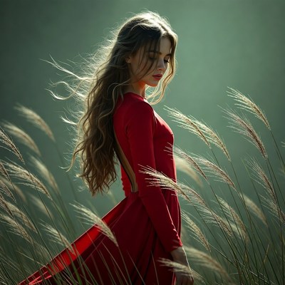 Woman in red dress among tall grass
