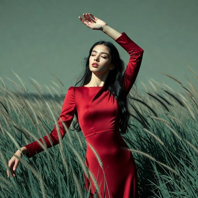 Woman in red dress in tall grass