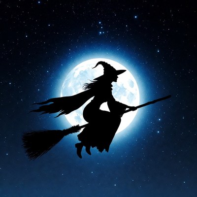 Witch flying in night sky