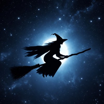 Witch flying across the night sky