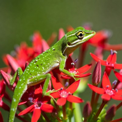 Green lizard on red flowers in sunlight