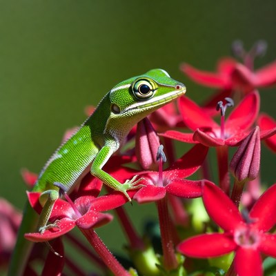 Green lizard on red flowers