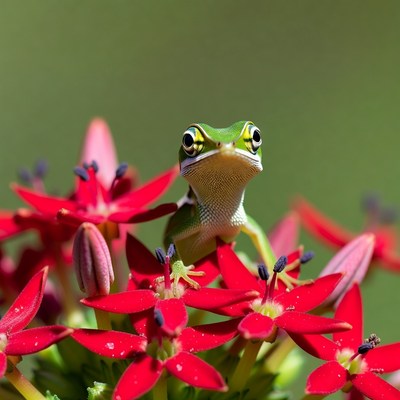 Frog resting on red flowers