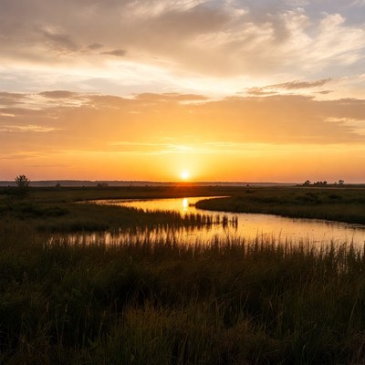 Sunset over river and grassland